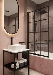 Łazienka z wanną i parawanem prysznicowym oraz stolikiem z kwadratową umywalką nablatową Jasmin i owalnym lustrem