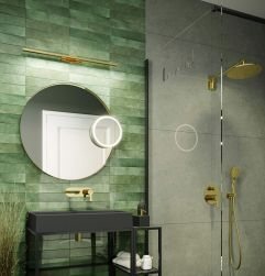 Fragment łazienki z zieloną i szarą ścianą, kabiną prysznicową, antracytową umywalką nablatową Deante Correo na konsoli ze złotą baterią podtynkową i okrągłym lustrem