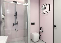 różowe płytki, czarne baterie, szare płytki, czarne dodatki, biała toaleta, Hiacynt drzwi prysznicowe przesuwne 100 cm KQH_010P