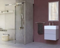 betonowa płytki, bordowa ściana, kabina prysznicowa, ciemny ręcznik na wieszaku, za kabiną półki na ręczniki i kosmetyki, Hiacynt zestaw prysznicowy ścienny chrom NAC_01QM