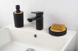 biała umywalka, czarna mydelniczka, czarny dozownik na mydło, Maro bateria umywalkowa stojąca czarna BLO_N20M