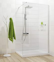 biała łązienka, drewniana podłoga, zielony ręcznik, chromowany zestaw prysznicowy, Abelia kabina prysznicowa walk-in 100 cm KTA_030P