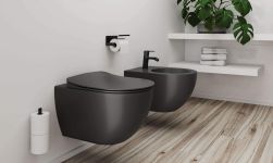 biała ściana, drewniana podłoga, czarna miska wc, czarny bidet Peonia, czarne baterie, p&oacute;łki wiszące, roślina ozdobna