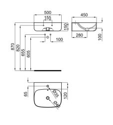 rysunek techniczny Arquitect umywalka nablatowa prostokątna 50 cm biały 100229808