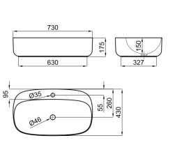 rysunek techniczny Arquitect umywalka nablatowa prostokątna 70 cm biały 100200797