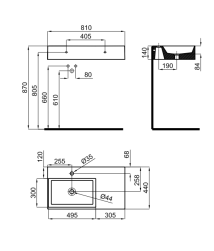 Noken rysunek techniczny Essence C umywalka wisząca prostokątna lewa 80 cm czarny mat 100285140