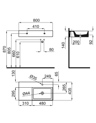 rysunek techniczny Essence C umywalka wisząca prostokątna prawa 80 cm biały 100243664