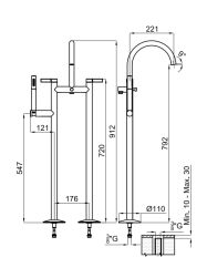 rysunek techniczny Lignage bateria wannowo-prysznicowa wolnostojąca chrom 100238543