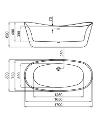 rysunek techniczny Lounge Fluid wanna akrylowa wolnostojąca 170x80 biały błyszczący 100341912