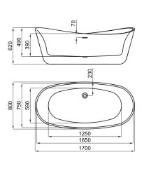 rysunek techniczny Lounge Fluid wanna akrylowa wolnostojąca 170x80 biały mat 100341913