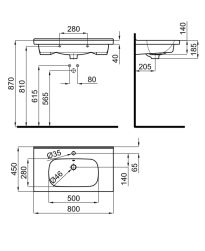 rysunek techniczny Nk Concept umywalka wisząca prostokątna 80 cm biały 100316804