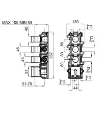 rysunek techniczny Oxo korpus wewnętrzny baterii termostatycznej podtynkowej 100282733
