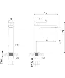rysunek techniczny  Sacramento bateria umywalkowa stojąca wysoka chrom/biała SC2312CRB