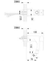 rysunek techniczny Sacramento bateria bidetowa stojąca chrom/biała SC2320CRB