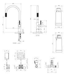 rysunek techniczny Switch bateria kuchenna stojąca z zestawem filtrującym miedź szczotkowana SW9057-FD1CPB