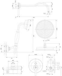rysunek techniczny Armance zestaw prysznicowy podtynkowy z deszczownicą złoty SYSAM10GL