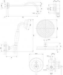rysunek techniczny Armance zestaw prysznicowy podtynkowy miedź antyczna SYSAM10ORB