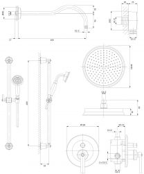 rysunek techniczny Armance zestaw prysznicowy podtynkowy z deszczownicą złoty SYSAM20GL