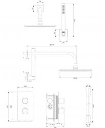 rysunek techniczny Contour system prysznicowy podtynkowy termostatyczny złoty szczotkowany SYSCT11GLB