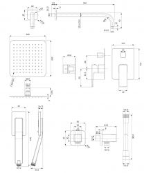 rysunek techniczny Parma system prysznicowy podtynkowy kompletny grafit SYSPM10GR