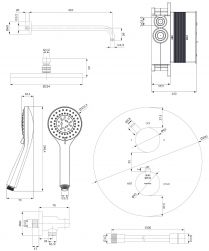 rysunek techniczny Y zestaw prysznicowy podtynkowy termostatyczny czarny SYSYT05B