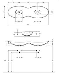 rysunek techniczny Dudu umywalka wpuszczana w blat podw&oacute;jna 35x120 cm biała 00219201