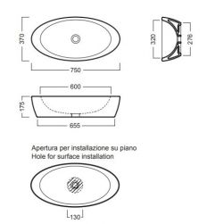 rysunek techniczny Nido umywalka nablatowa owalna 37x75 cm biała 00Y0R201
