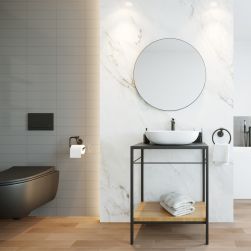 Nowoczesna łazienka z białą umywalką nablatową owalną Doti na czarnym stoliku, z okrągłym lustrem i czarną miską WC