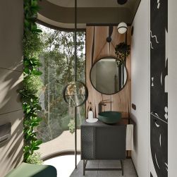 Mała łazienka z czarną szafką i zieloną umywalką okrągłą nablatową Molis Green z okrągłym lustrem i dużym oknem