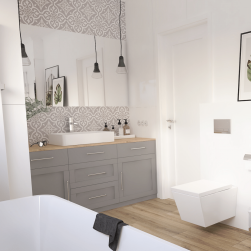 Łazienka z szarą szafką i białą umywalką nablatową prostokątną Atimo, z dużym lustrem, lampą wiszącą i białą miską WC
