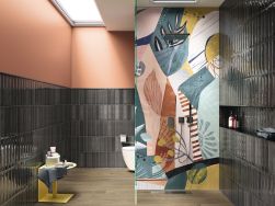 Łazienka z jedną ścianą pod prysznicem wyłożoną kolorową płytką dekoracyjną z kolekcji Atelier