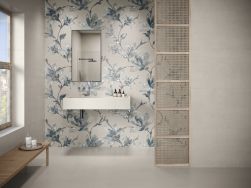 Łazienka ze ścianą z umywalką wiszącą wyłożoną płytkami dekoracyjnymi Decor Set Raw Cement