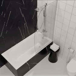 Mała, czarno-biała łazienka z zabudowaną wanną Perso z zestawem prysznicowym i ścianką, czarnym taboretem oraz miską WC