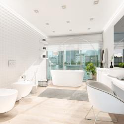 Przestronny pokój kąpielowy z dużym oknem, białą wanną wolnostojącą Thermo, wiszącą miską WC i bidetem, dużą lampą stojącą, białymi szafkami z umywalką i fotelem ora lustrem