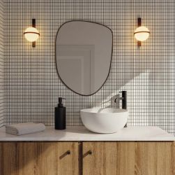 Łazienka w tr&oacute;jwymiarową białą płytką w kształcie tabliczki czekolady