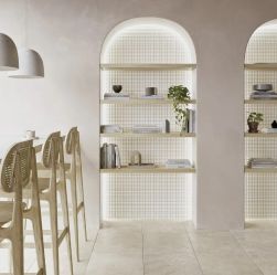 Restauracja ze stylową wneką w kształcie łuku ozdobiona płytkami 3d