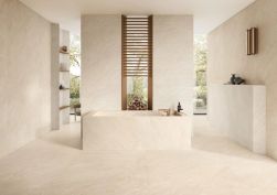 Nowoczesna łazienka w beżach imitujących trawertyn