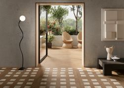 Płytki kwadratowe rustykalne imitujące beton ceglane na zewnątrz tarasu w klimacie śr&oacute;dziemnomorskim