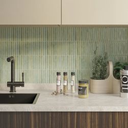 Wizualizacja płytek ściennych tr&oacute;jwymiarowych Potters Bars Agave 12,5X25 w kuchni oraz akcesoria kuchenne