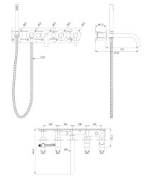 rysunek techniczny Y bateria wannowo-prysznicowa podtynkowa 5-otworowa miedź Y1237/1CP