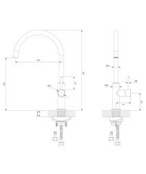 rysunek techniczny Y bateria kuchenna stojąca miedź szczotkowana Y1251CPB