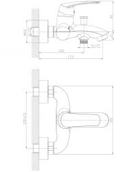 rysunek techniczny Yukon bateria wannowo-prysznicowa chrom YK3330CR