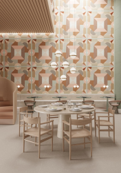 Restauracja, okrągły stół z krzesłami, na stole zastawa, na ścianie płytki One 04 120x120 płytka dekoracyjna