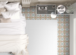Widok z góry na sypialnię, łóżko obok toaletka, na podłodze białe płytki oraz Cordoba Viana 25x25 płytka patchworkowa