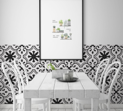 Przy ścianie biały stół, przy stole białe krzesła, na ścianie obraz, ściana przy stole wyłożona płytkami Valencia Morning 25x25 płytka patchworkowa