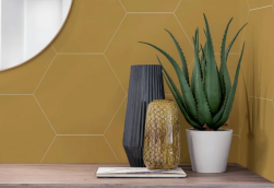 Przy ścianie roślina w doniczce, obok dekoracyjne wazony, ściana wyłożona Hexa Element Ocre 23x27 płytka bazowa heksagonalna