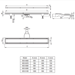 rysunek techniczny Deante Odpływ liniowy podłogowy srebrny 100 cm - Odwracalny KOS_010D