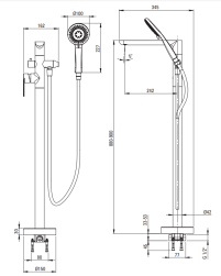 rysunek techniczny Deante Bateria wannowa wolnostojąca z zestawem prysznicowym czarna BGA_N17M