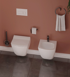 Ściana w kolorze brązowym, miska WC wisząca, uchwyt na papier toaletowy, szczotkę i ręcznik, Anemon Bidet wiszący biały CDZ_6BPW