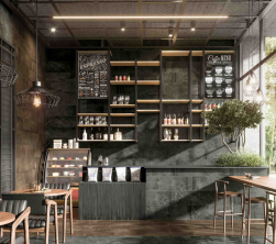 Kawiarnia, stoliki i krzesła, bar, na części ściany i podłodze płytki Mud Chocolate Natural 59,2X59,2 płytka imitująca beton
